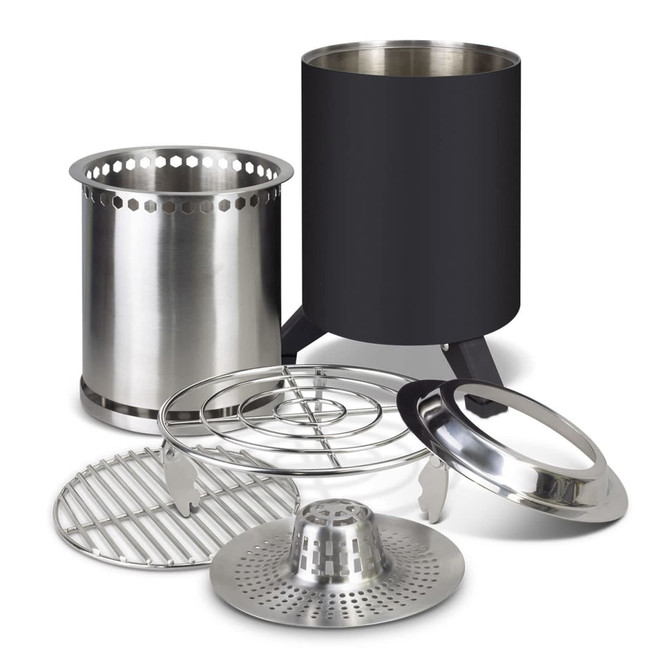 A set of stainless steel cooking components in silver and black, including a cooker, grates, and a pot.