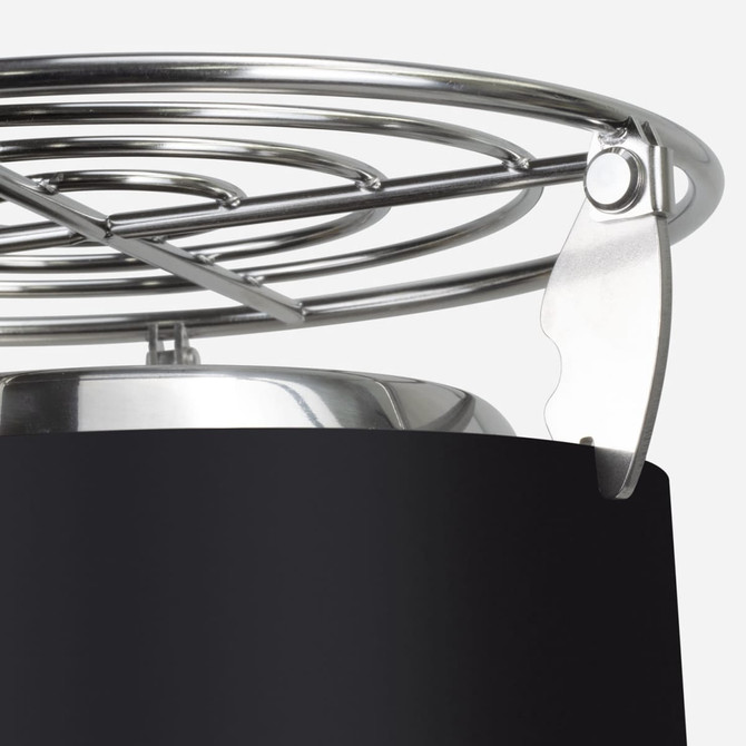 A black cooking pot featuring a stainless steel wire mesh lid with a securing clip.