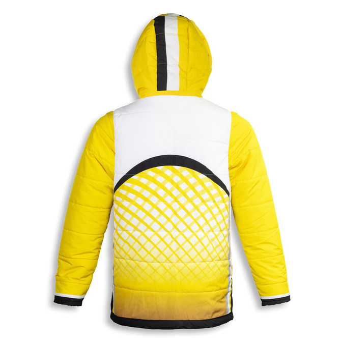 A custom reversible puffer jacket in yellow with a geometric design, featuring a hood and a logo.