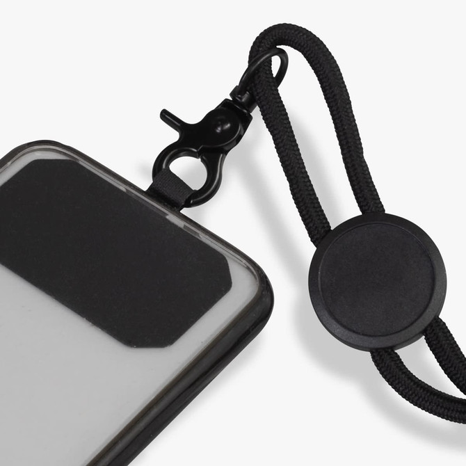 A black phone lanyard with a clear protective case, featuring a secure attachment clip and a circular adjustment piece.