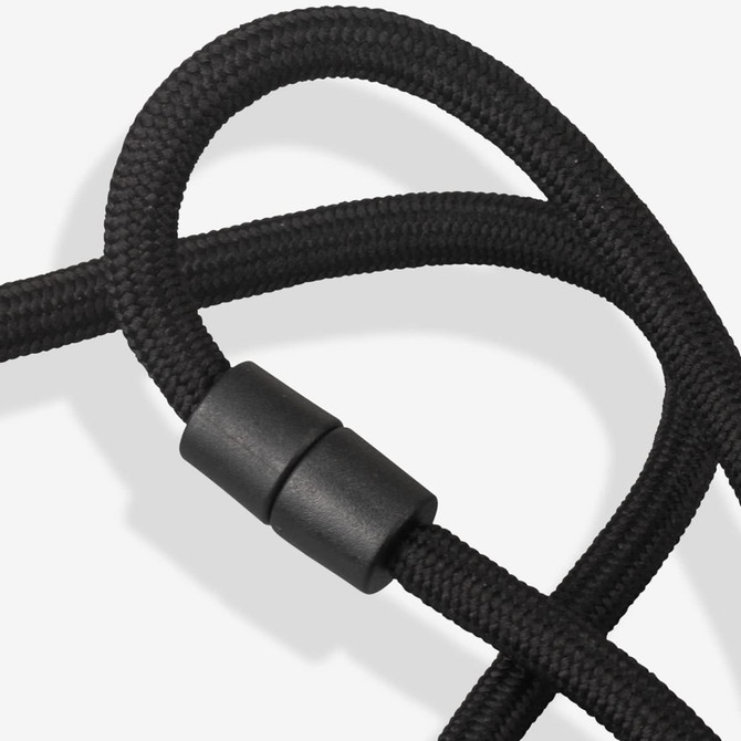 A black lanyard with a smooth, adjustable connector, featuring a textured, woven design.