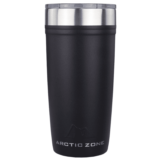 A drink bottle with a matte black finish and stainless steel lid, featuring a branding logo on the front.