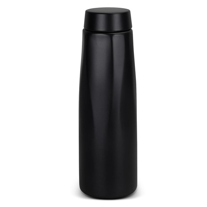 A drink bottle with a sleek design, featuring a matte black finish and a screw-on lid.
