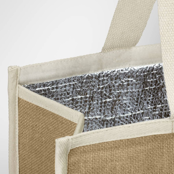 A jute cooler bag featuring a silver insulated interior and natural jute exterior with cream handles.