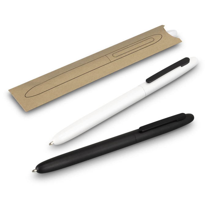 A set of two metal pens, one black and one white, displayed with a kraft paper sleeve packaging.