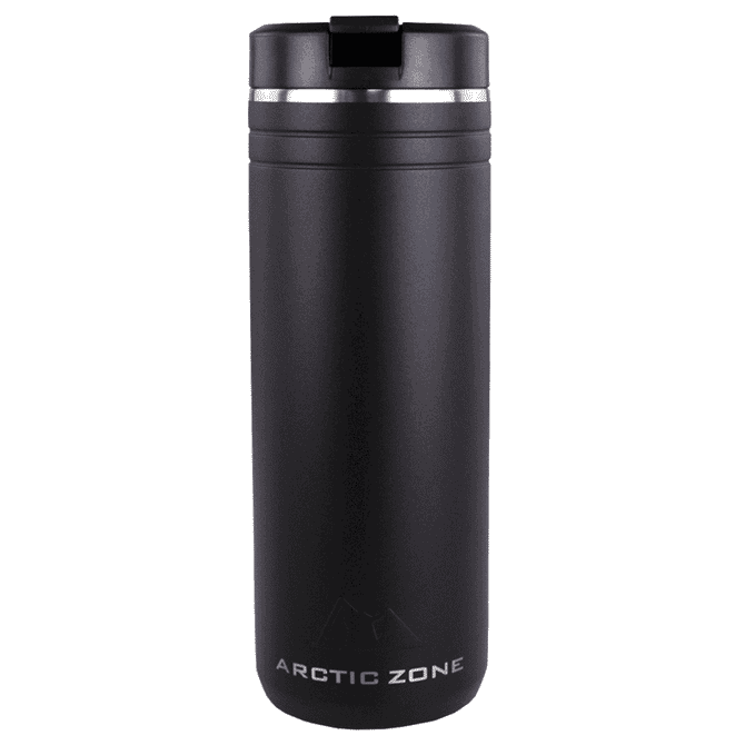 A drink bottle in matte black with a silver band and a lid, featuring a logo. Suitable for thermal beverages.