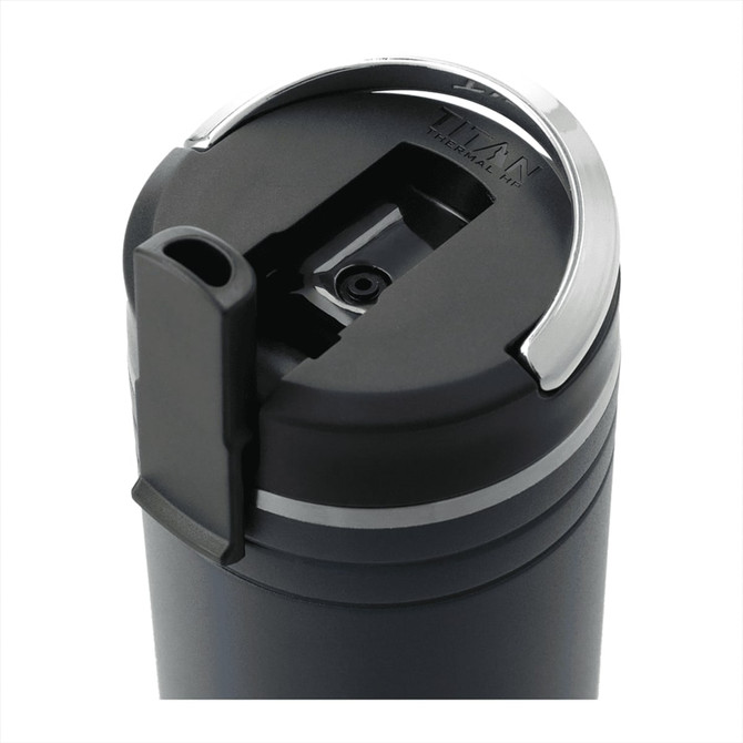 A drink bottle in black with a silver lid and a straw opening, featuring a logo on the top.