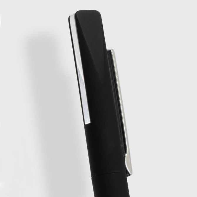 A black metal pen with a shiny silver clip, featuring a sleek and elegant design. It has a branding logo.