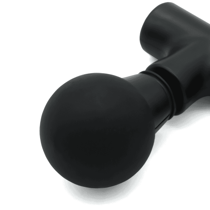 A black mini massage gun with a rounded attachment, featuring a sleek design and a logo.