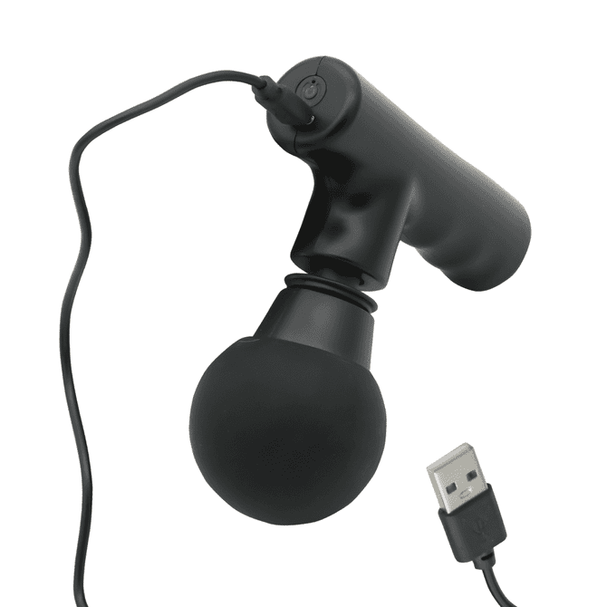A black mini massage gun with a rounded attachment and a USB cable. It features a sleek, ergonomic design.