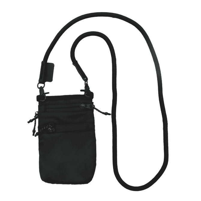 A black ripstop water-resistant pouch with a long adjustable strap and multiple zipped compartments. It features a logo.