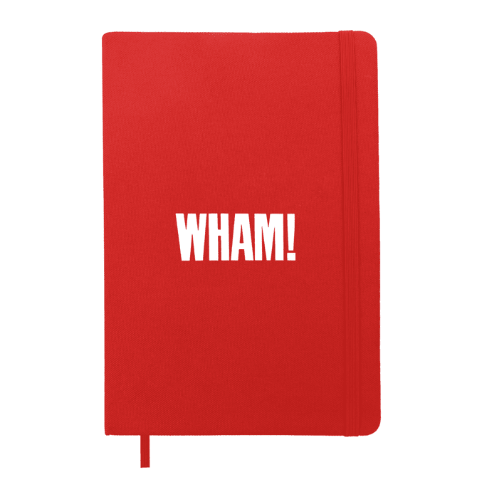 A red A5 notebook with an elastic closure and a logo on the front. It features a ribbon bookmark.