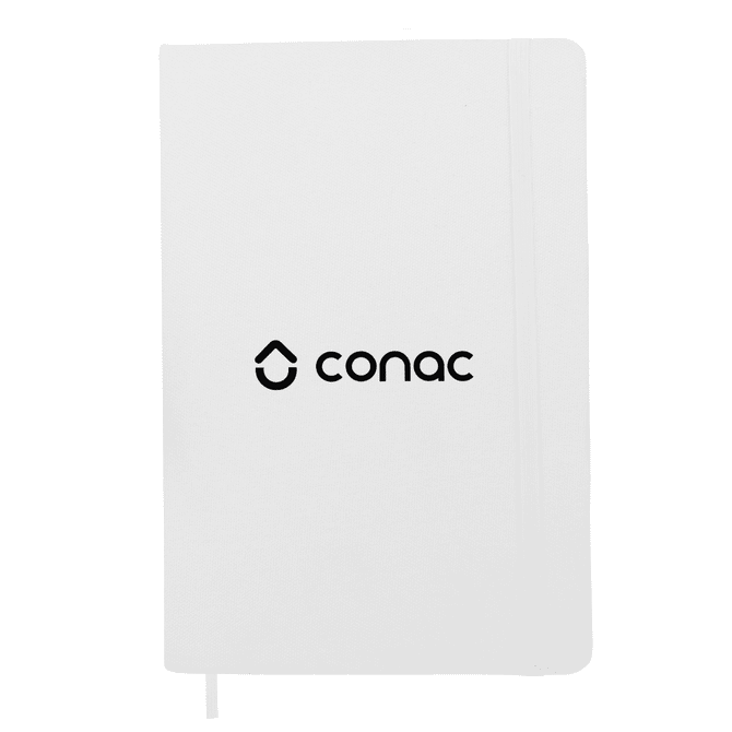 A white notebook with a logo on the cover and a ribbon marker. Suitable for office and business use.