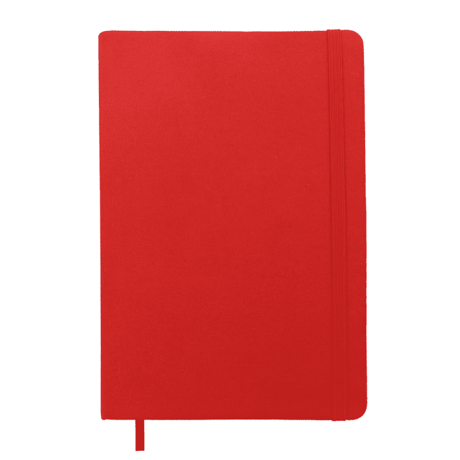 A red A5 notebook with a textured cover and a matching elastic band. It features a logo on the front.
