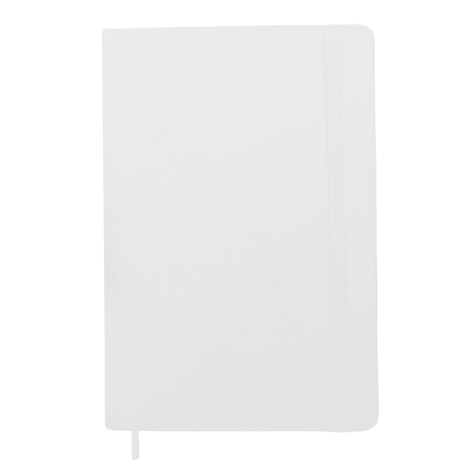 A white A5 notebook with a textured cover, featuring an elastic band and a ribbon marker. It has a logo on the front.