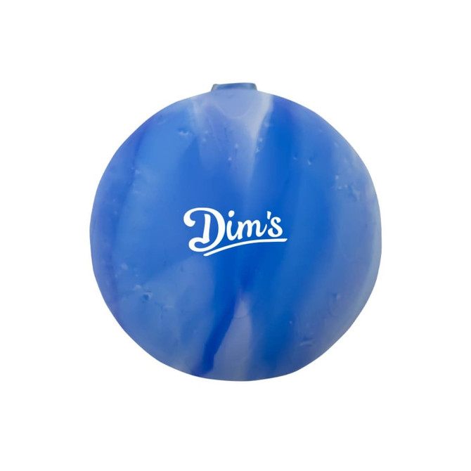 A blue and white swirl reusable water balloon featuring a logo.