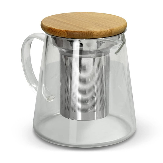 A clear glass teapot with a stainless steel infuser and a bamboo lid.