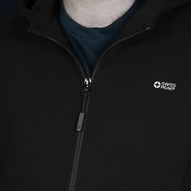 A black zip-up hoodie featuring a small logo on the chest and a lined hood.
