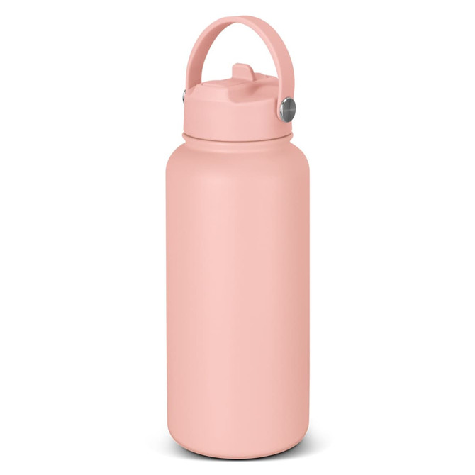 A drink bottle in a soft pink colour with a sturdy handle and a silver accent. It features a logo on the side.