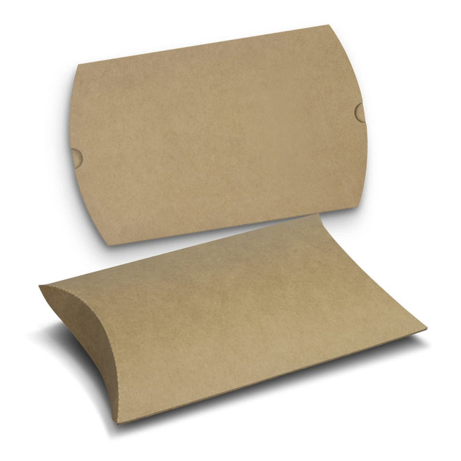 A medium, brown pillow box made of cardboard, featuring a curved design with two flaps.