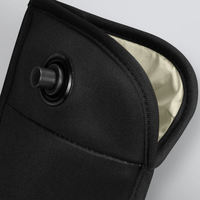 A black lockable phone pouch with a green interior and a secure closure mechanism. It features a logo.