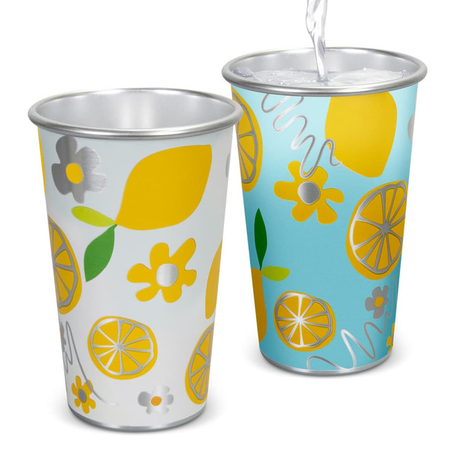A pair of plastic tumblers featuring colourful lemon and flower designs in yellow and blue, with branding on the surface.