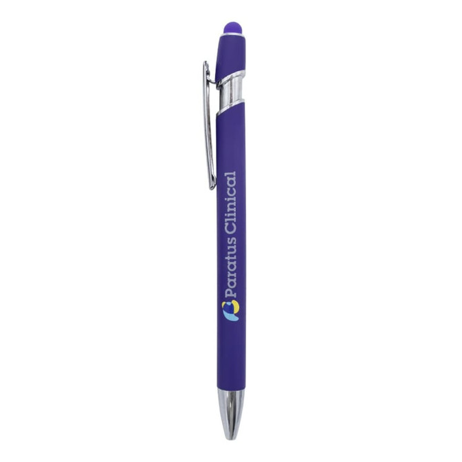 A purple metal pen with a silver clip and a branding logo on the barrel.