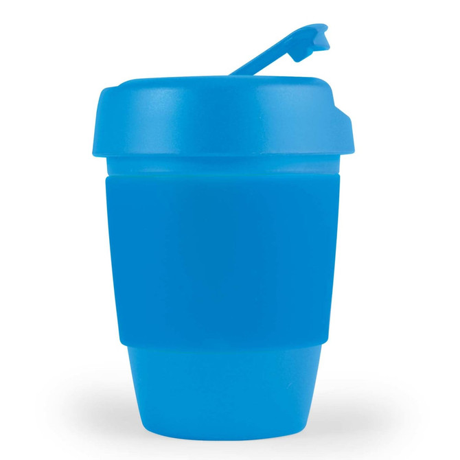 A blue reusable coffee cup with a silicone band and a lid featuring a small opening.