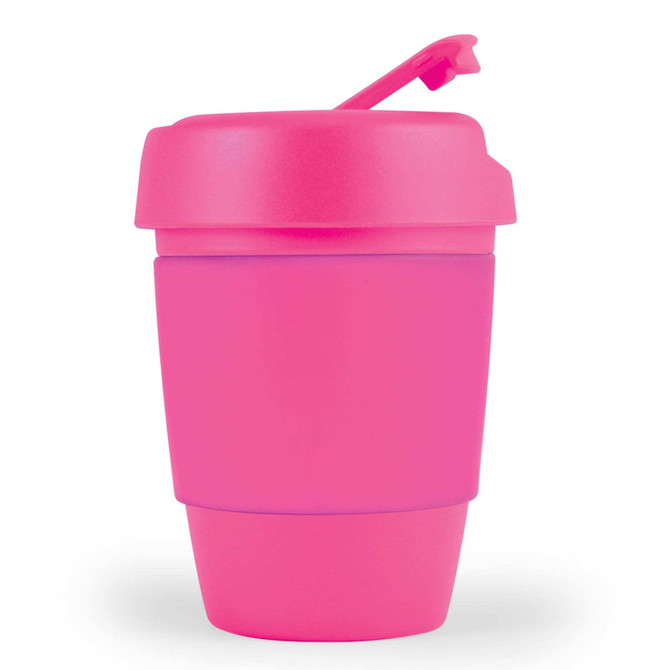 A reusable coffee cup in vibrant pink with a silicone band and a flip lid. Features a logo.