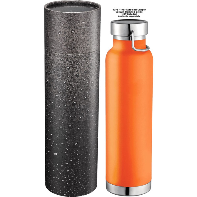A drink bottle in orange with a stainless steel bottom, paired with a sleek black tube gift box featuring a logo.
