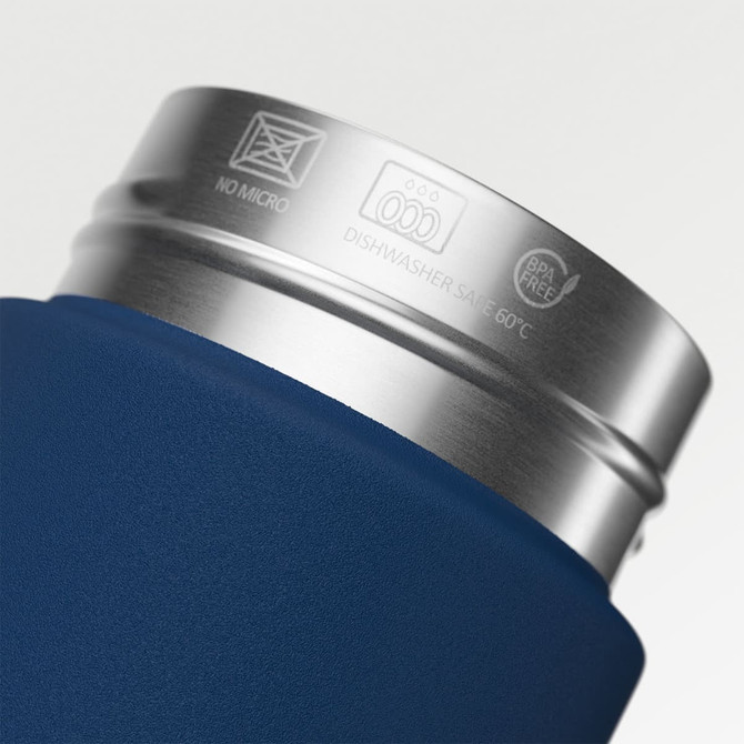 A drink bottle featuring a navy blue body and a stainless steel rim, with an embossed logo.