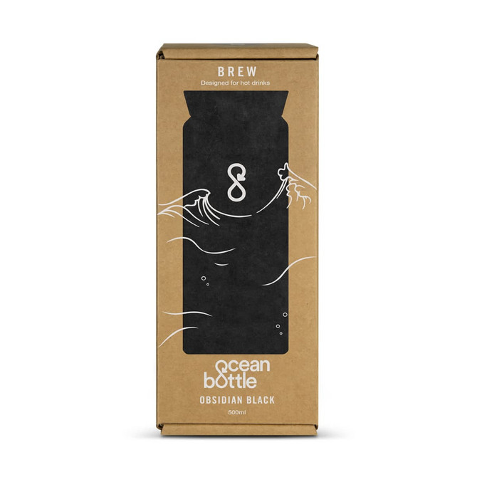 A drink bottle in obsidian black, packaged in a brown box featuring wave designs and a logo.
