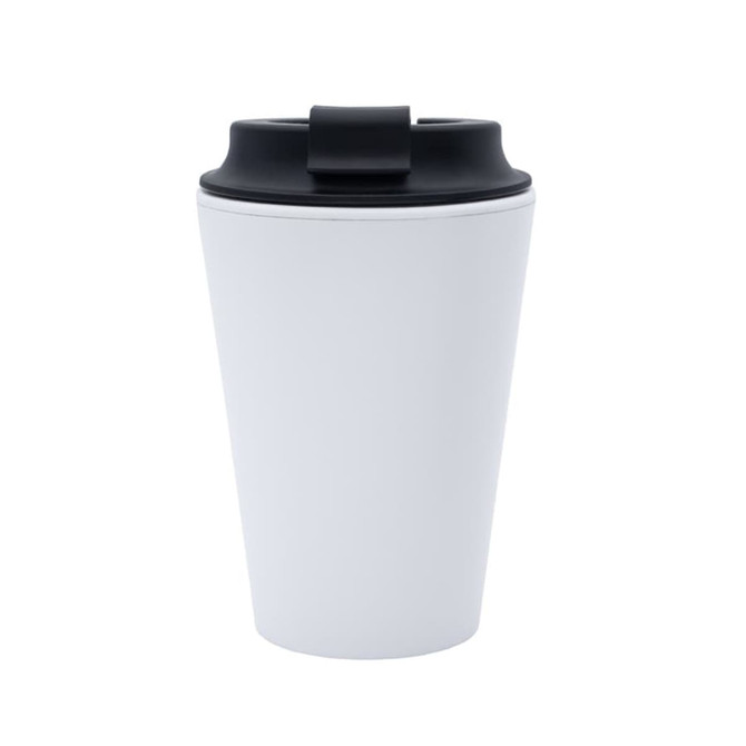 A coffee mug in white with a black lid, featuring a smooth, modern design and a branding logo.