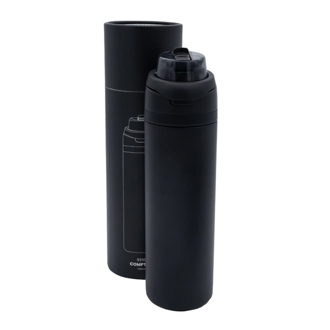 A drink bottle in matte black, standing beside its cylindrical packaging. The bottle has a textured lid and a logo.