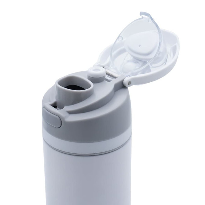 A drink bottle in grey and white, featuring a flip-top lid and a built-in spout, with a logo on the side.