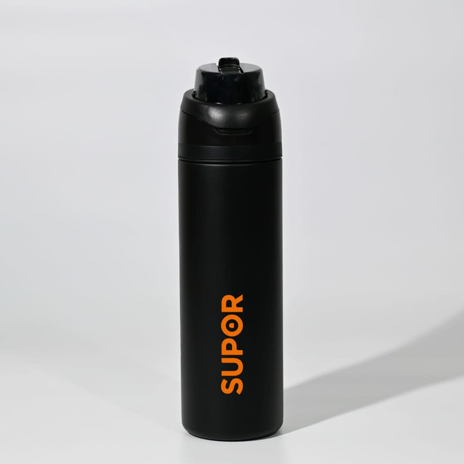 A drink bottle in matte black with an orange logo, featuring a secure flip-top lid.