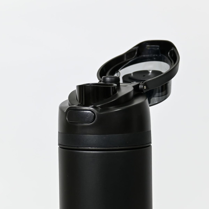 A drink bottle in black with a flip-top lid and a built-in straw. Features a logo on the body.