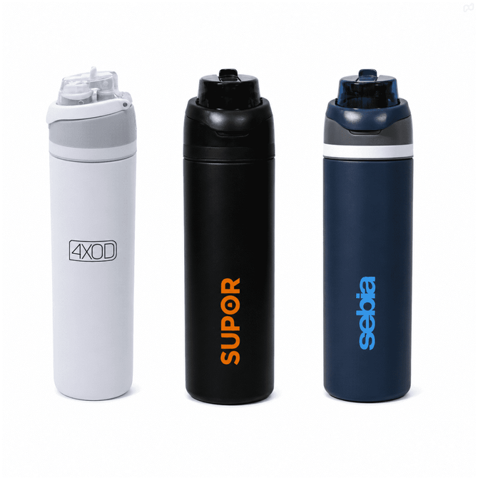 A drink bottle trio featuring white, black, and navy designs, each with a cap and a logo.