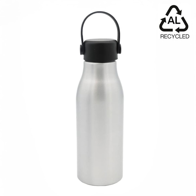 A drink bottle in silver with a black lid and handle. The bottle features a logo.
