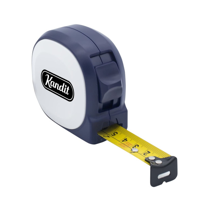 A blue and white tape measure with a branded logo and a yellow measuring tape extended.