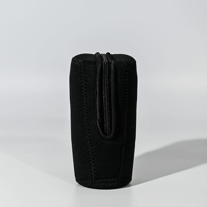 A black Oakleigh pouch with a zipper, featuring a sleek design and made from soft material.