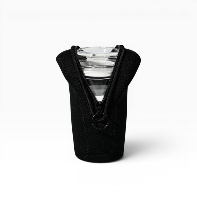 A black pouch with a zip, designed to hold a drink bottle securely. Features a logo on the front.