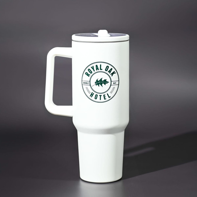 A drink bottle in white plastic with a handle and a logo, featuring a large tumbler design.