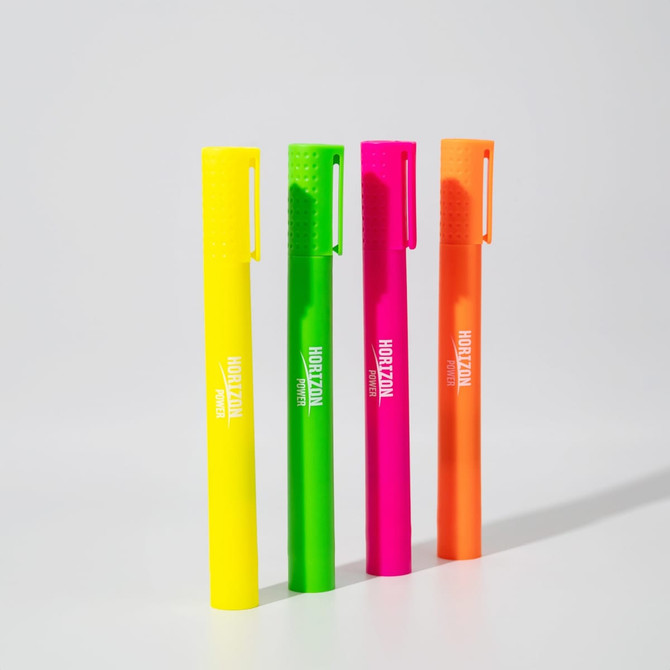 Four jumbo highlighters in yellow, green, pink, and orange, featuring caps with clips and branding.