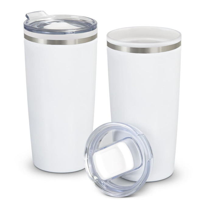 A white double wall travel mug with a clear lid and stainless steel band. Two mugs are displayed.