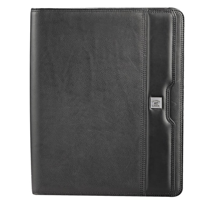 A black Nappa leather A4 zippered compendium with a sleek design and branding. Ideal for office and business use.