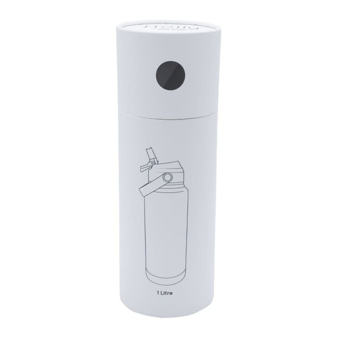 A drink bottle with a sleek white design and a round top, featuring a drawing of a spray bottle and a logo.