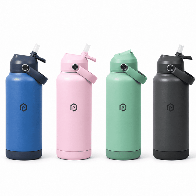 A drink bottle collection featuring blue, pink, green, and black bottles, each with a logo and a straw lid.