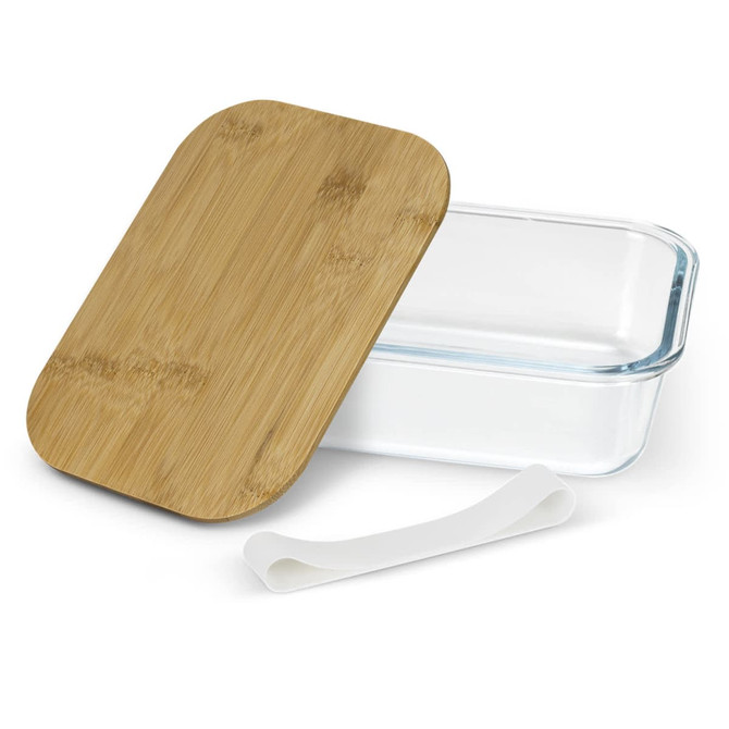 A glass lunch box with a bamboo lid and a white silicone band, featuring a clear glass base and a rectangular shape.