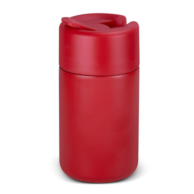 A drink bottle with a sleek red exterior and a flip-top lid. It features a logo on the surface.